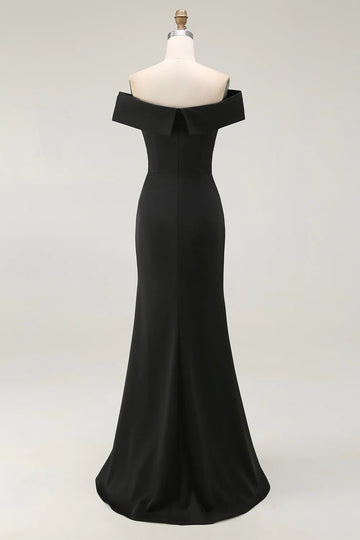 Black Satin Off the Shoulder Long Mermaid Formal Dress with Slit